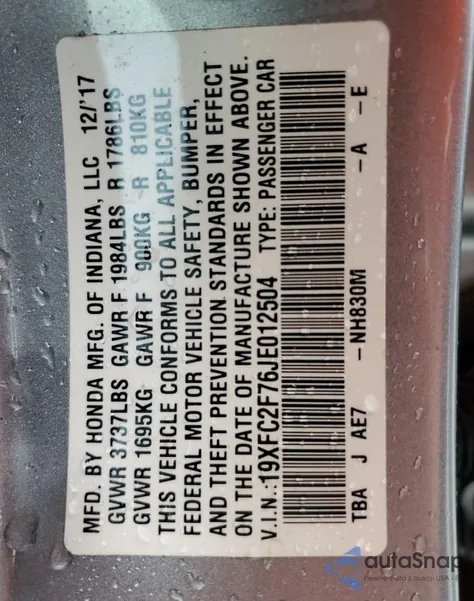 2018 Honda Civic Ex from USA, damaged, VIN 19XFC2F76JE012504